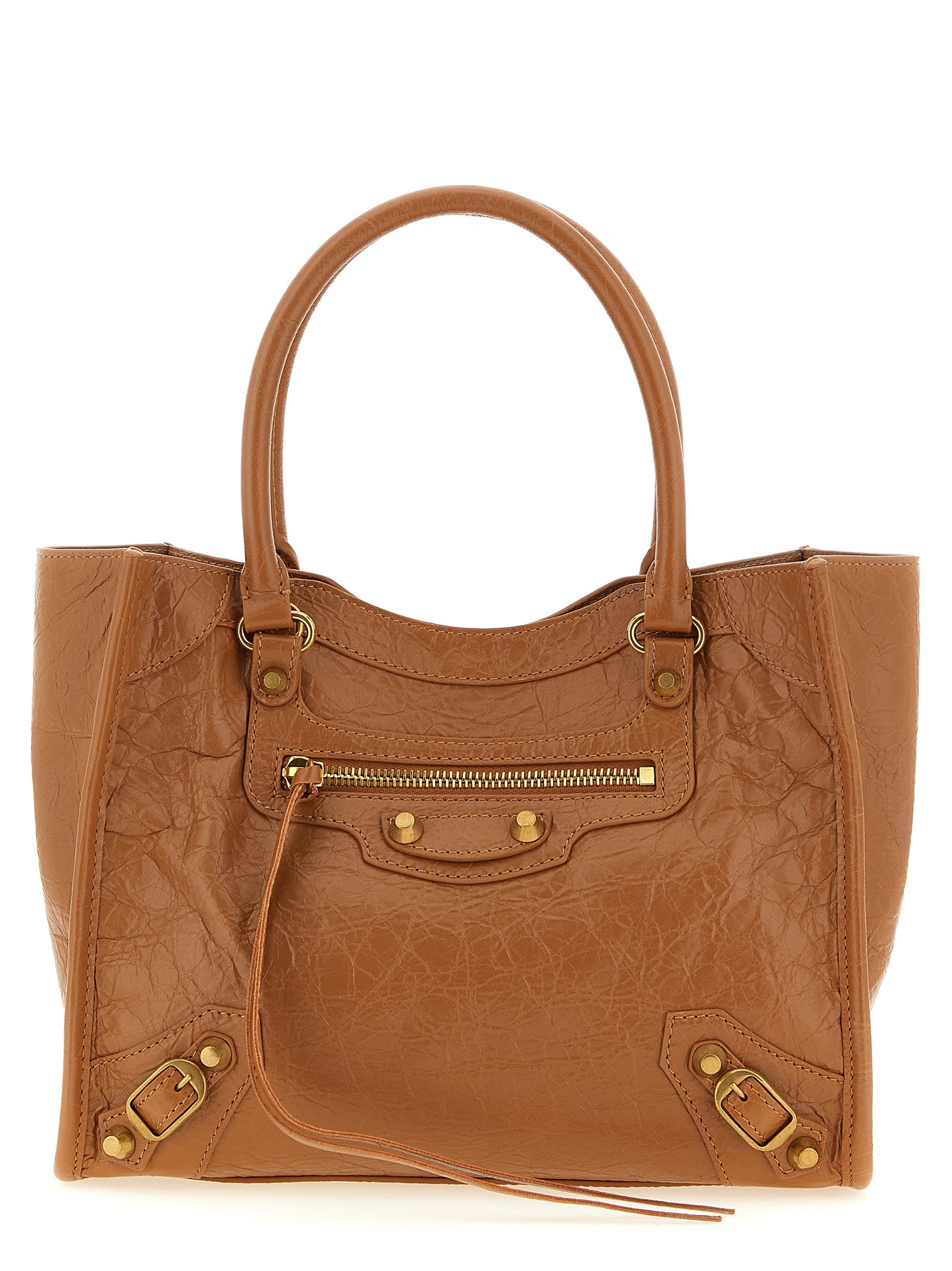 Balenciaga Le City Tote Bag Mini in camel Arena lambskin leather with aged-gold brass hardware and front zipped pocket, front view.