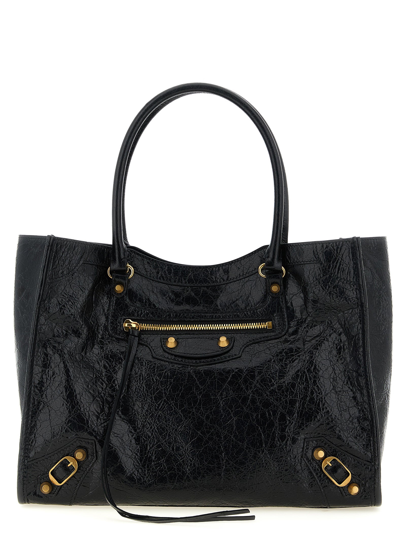 Balenciaga Le City Tote Bag Small in black Arena lambskin leather featuring vintage aged-gold hardware and a front zipped pocket from The Exclusive Line Singapore.