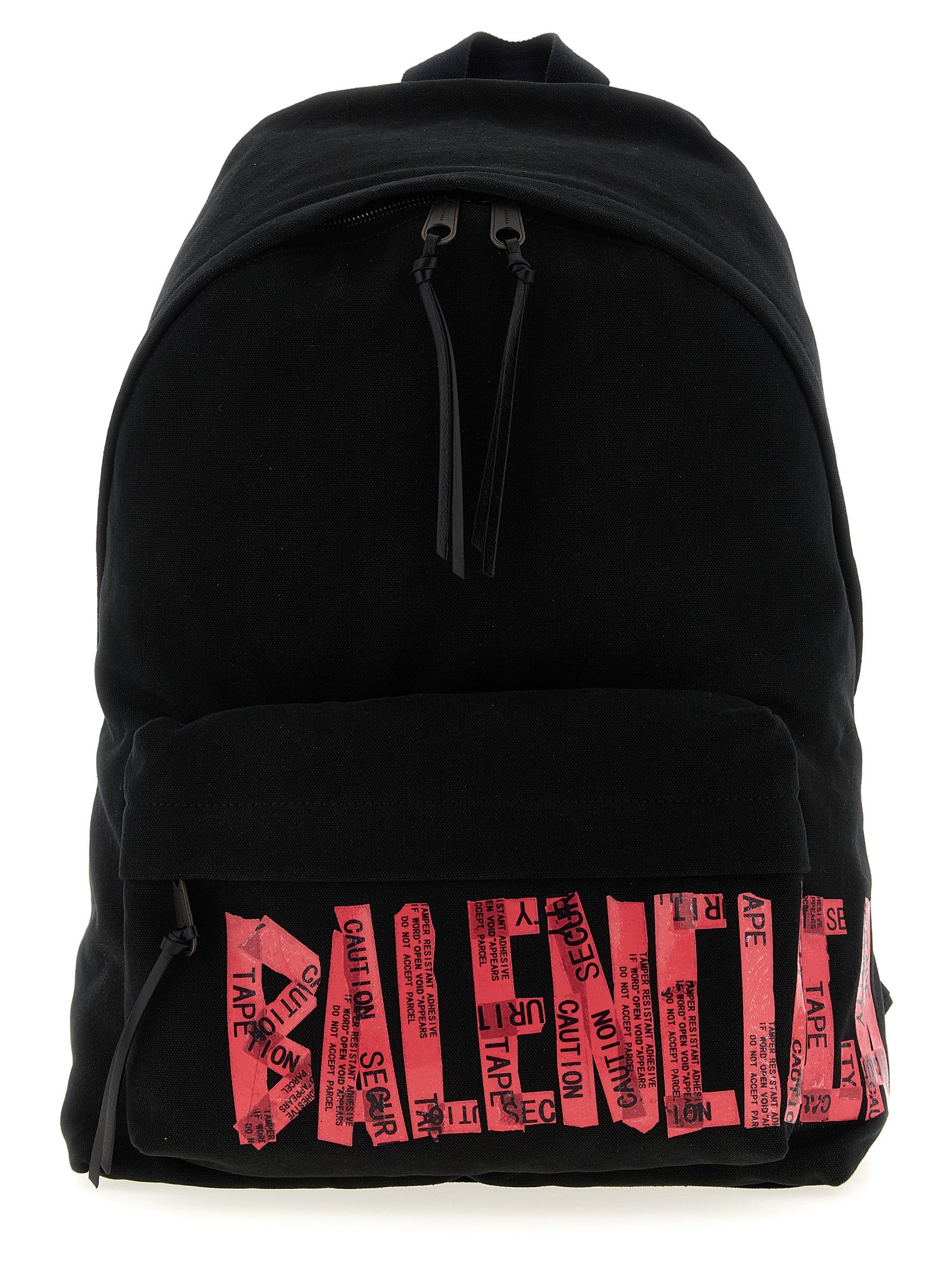 Balenciaga Men's Tape Type Backpack in black and red washed canvas featuring a bold graphic security tape logo on the front from The Exclusive Line.