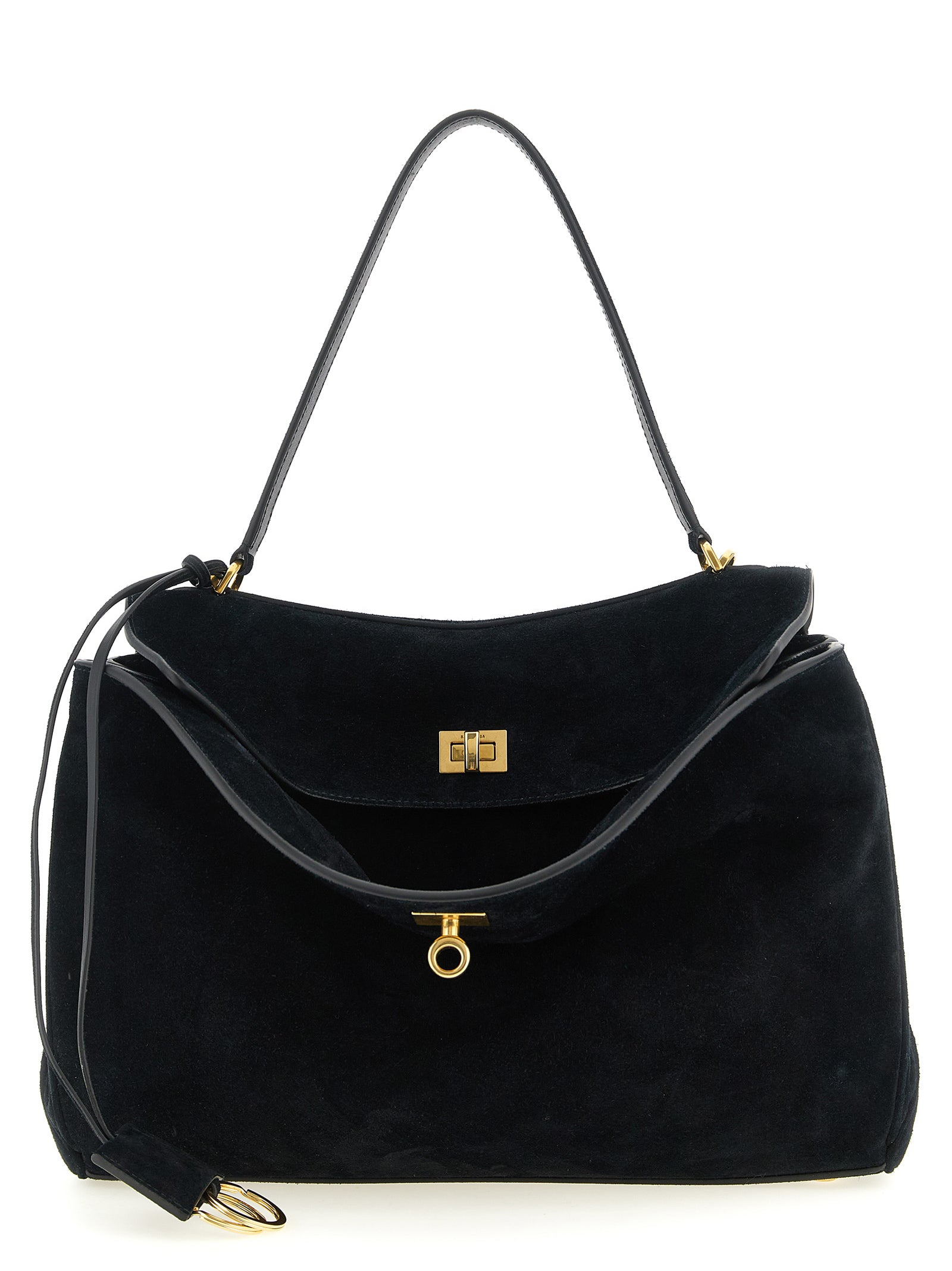 Balenciaga Rodeo Handbag Medium in black suede calfskin featuring an open-flap design, a top handle, and aged-gold hardware from The Exclusive Line Singapore.
