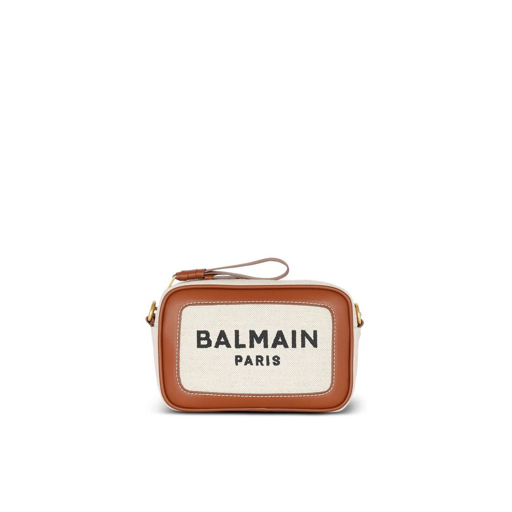 Balmain B-Army Canvas and Leather Camera Crossbody Bag - Beige from The Exclusive Line Singapore.
