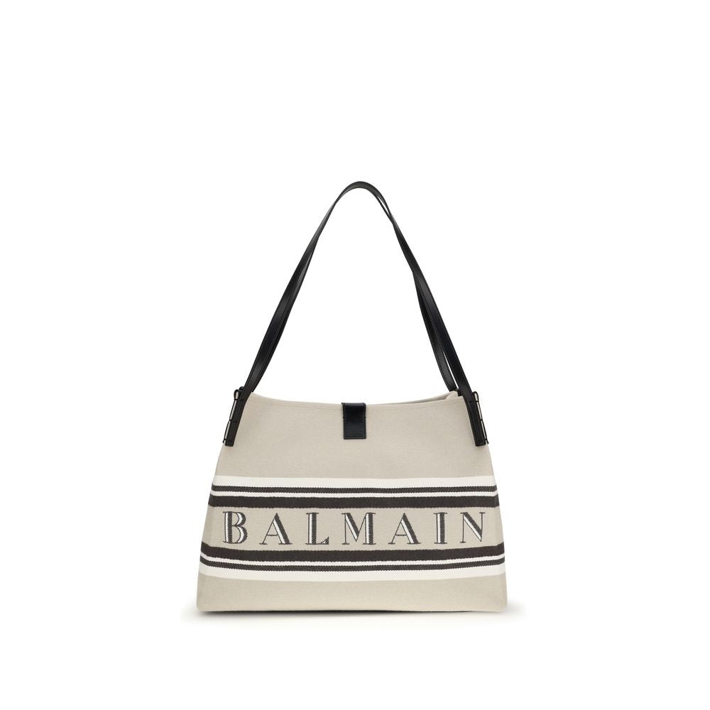 Balmain Medium Release Shopper Bag - Beige Canvas & Calfskin from The Exclusive Line Singapore.