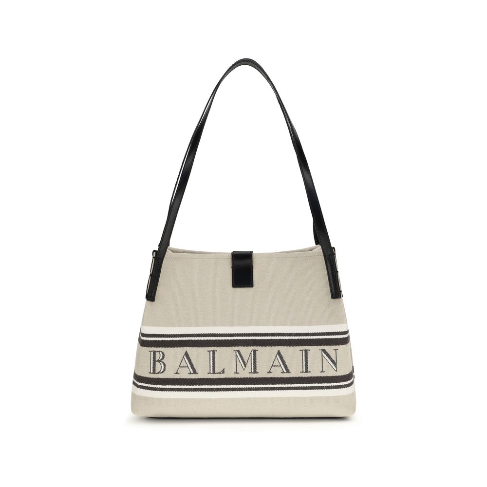 Balmain Small Release Shopper Bag - Beige Canvas & Calfskin from The Exclusive Line Singapore.