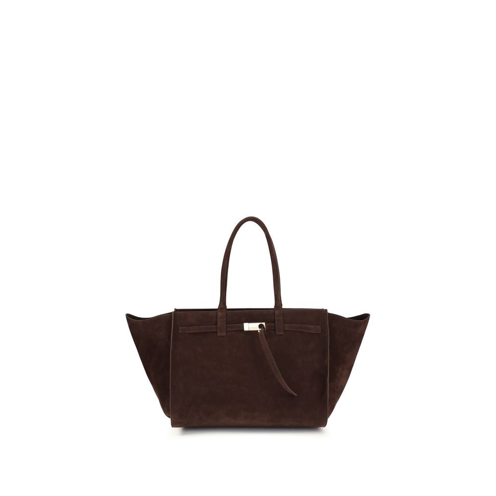 Benedetta Bruzziches Mame Weekend Shoulder Bag in Mulled Wine suede with silver-tone hardware and winged gussets.