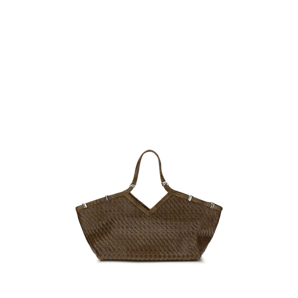 Benedetta Bruzziches Usha La Grande Bag in Coriandolo green handwoven leather with long shoulder handle and brass hardware from The Exclusive Line Singapore.