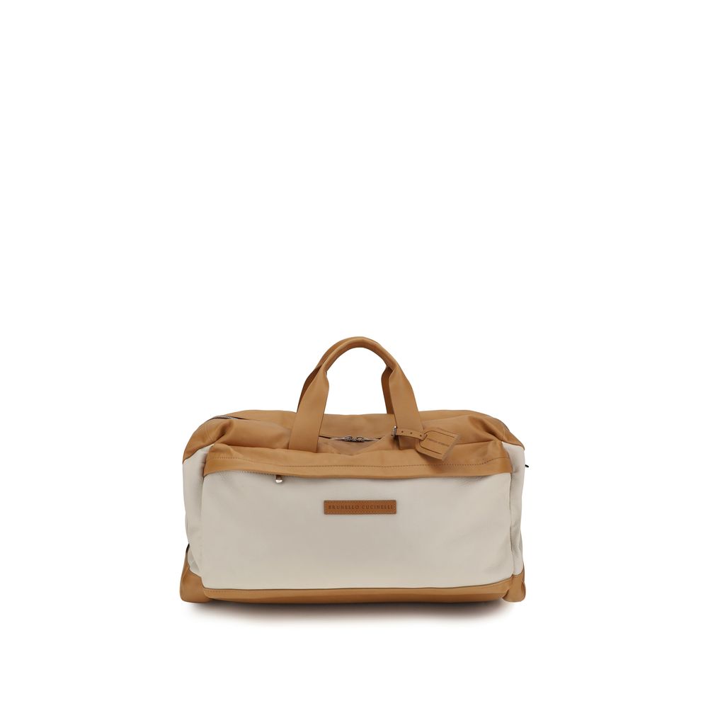 Brunello Cucinelli Active Duffel Bag in Natural tan calfskin and matte cowhide leather with double top handles from The Exclusive Line Singapore.
