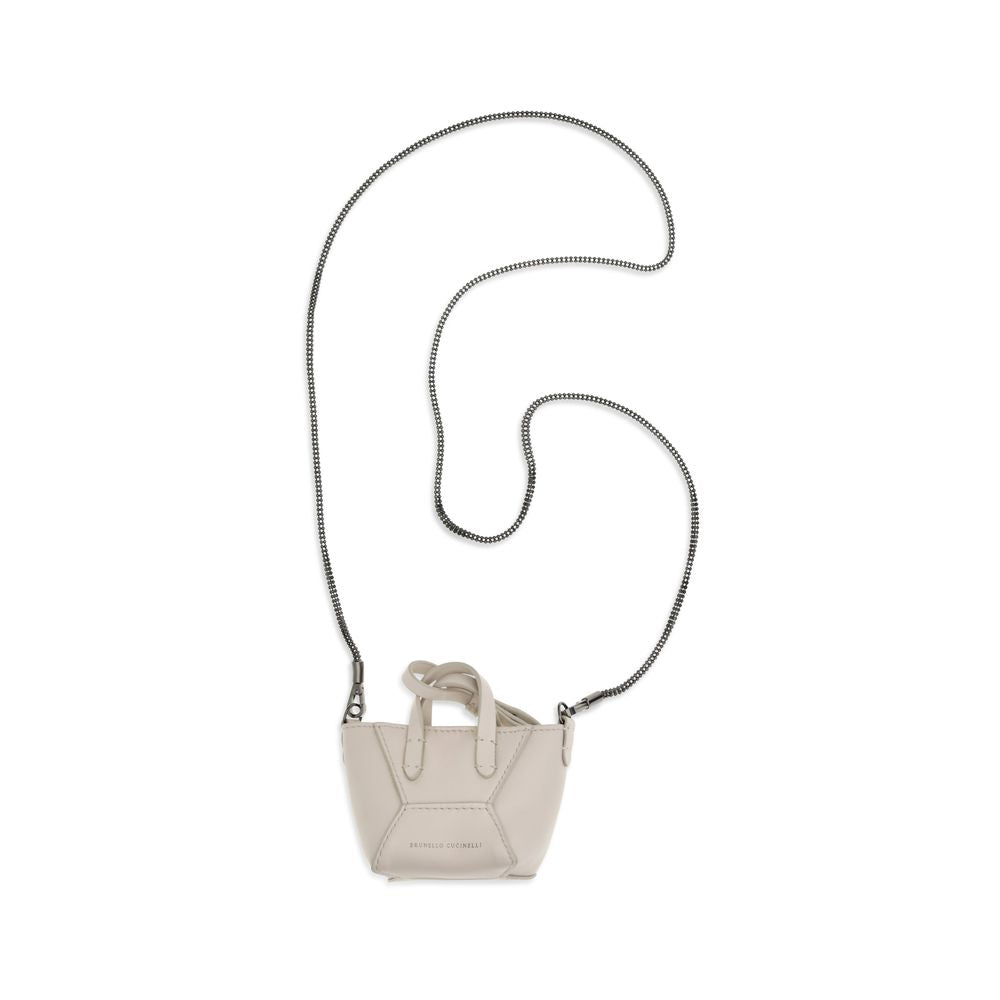 Brunello Cucinelli Ivory Calfskin BC Duo Micro Bag with detachable Monili chain strap.