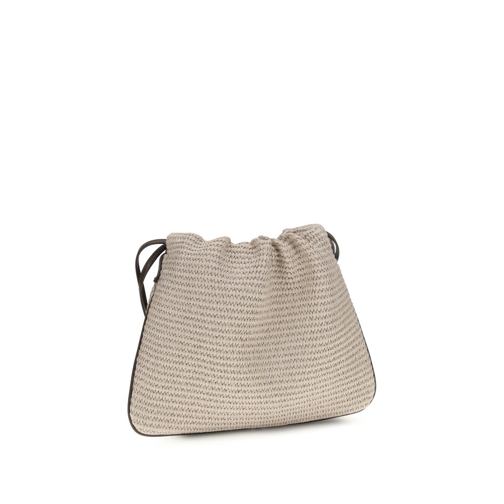 Side view of Brunello Cucinelli BC Duo Pouch Bag in Beige with shimmering monili net workmanship - The Exclusive Line Singapore
