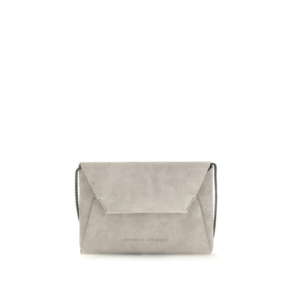 Brunello Cucinelli BC Duo Pochette with Precious Chain - Suede Khaki from The Exclusive Line Singapore.