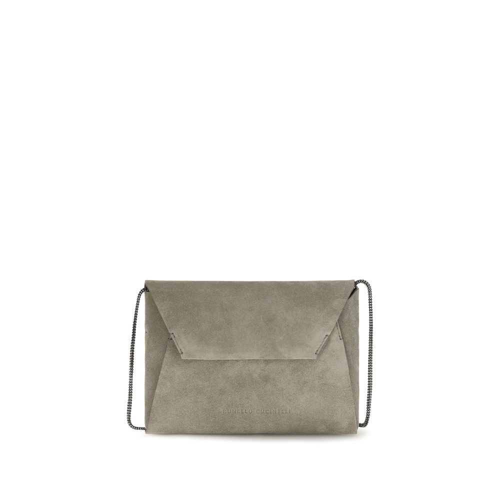 Brunello Cucinelli BC Duo Pochette with Precious Chain - Suede Khaki from The Exclusive Line Singapore.