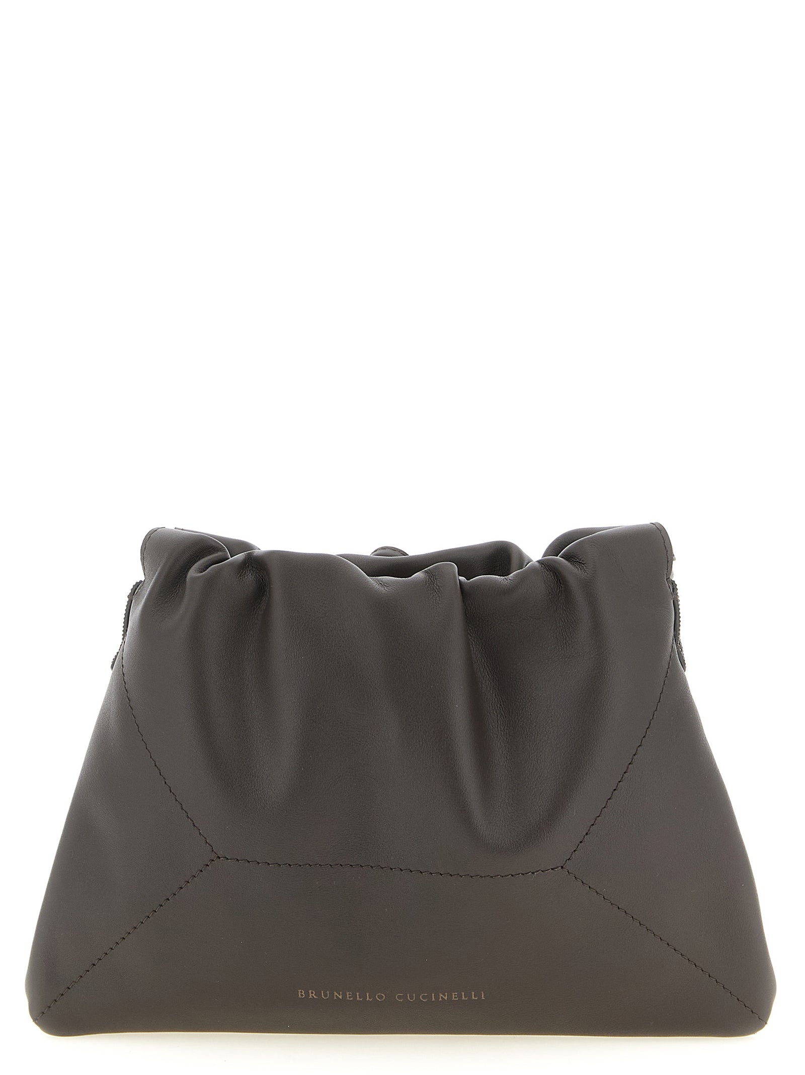 Brunello Cucinelli BC Duo Pouch Bag in soft dark brown matte calfskin leather with gathered drawstring and sparkling monili trim from The Exclusive Line Singapore.