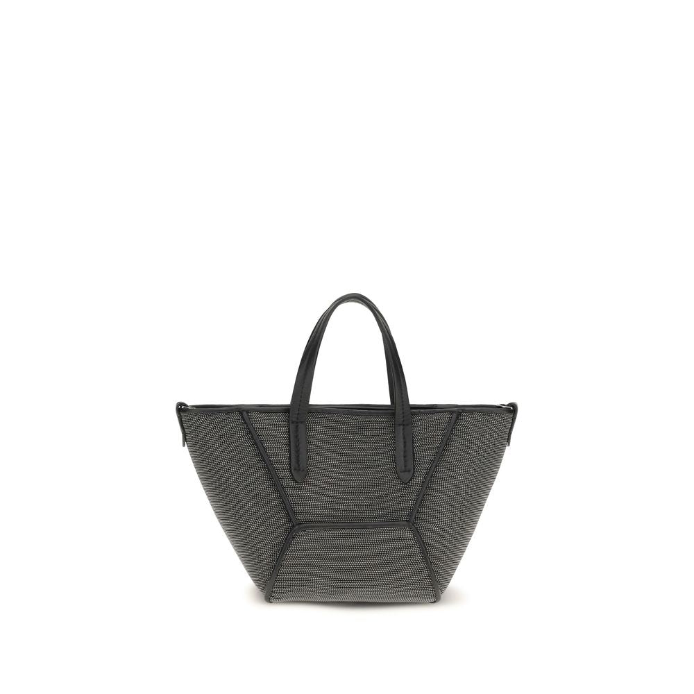 Brunello Cucinelli BC Duo Precious Mini Bag in black with all-over monili sparkle, double handles, and visible seam architecture.