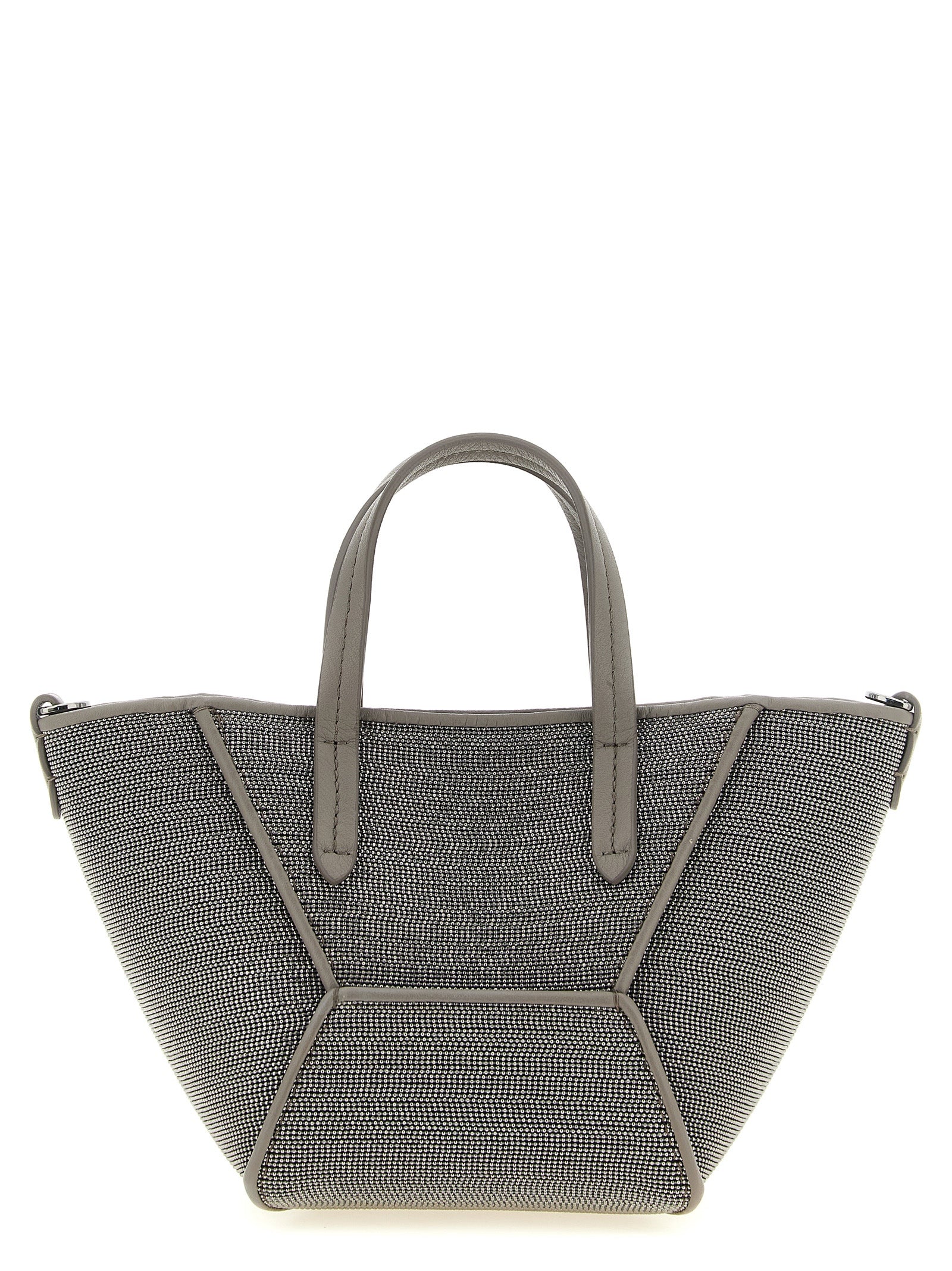 Brunello Cucinelli BC Duo Precious Mini Bag in grey with all-over monili sparkle, double handles, and visible seam architecture from The Exclusive Line Singapore.