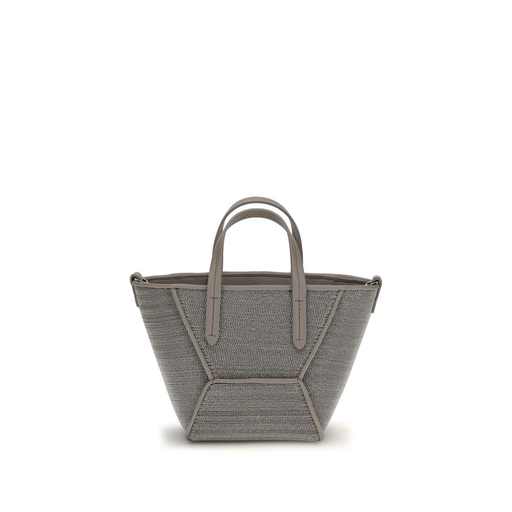 Brunello Cucinelli BC Duo Precious Mini Bag in grey with all-over monili sparkle, double handles, and visible seam architecture from The Exclusive Line Singapore.