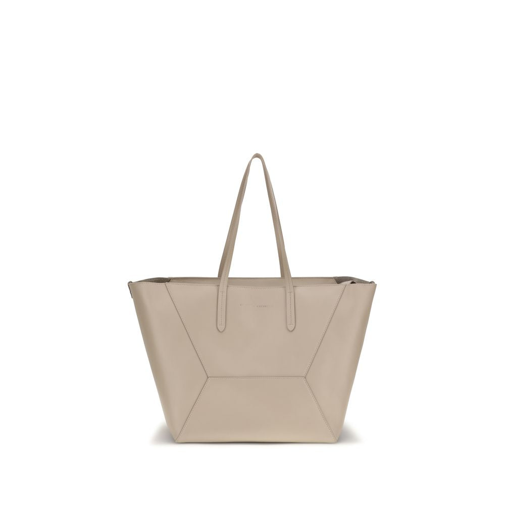 Brunello Cucinelli BC Duo Tote Bag in matte Buff Beige calfskin leather featuring elegant structural seams and sparkling monili details from The Exclusive Line Singapore.