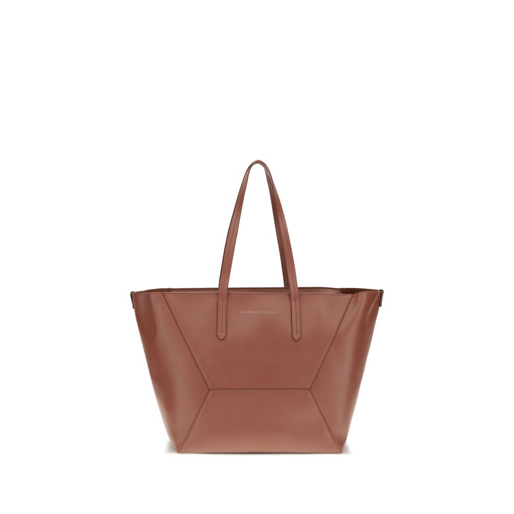 Brunello Cucinelli BC Duo Tote Bag in matte Firebrick Red calfskin leather featuring elegant structural seams and sparkling monili details from The Exclusive Line Singapore.