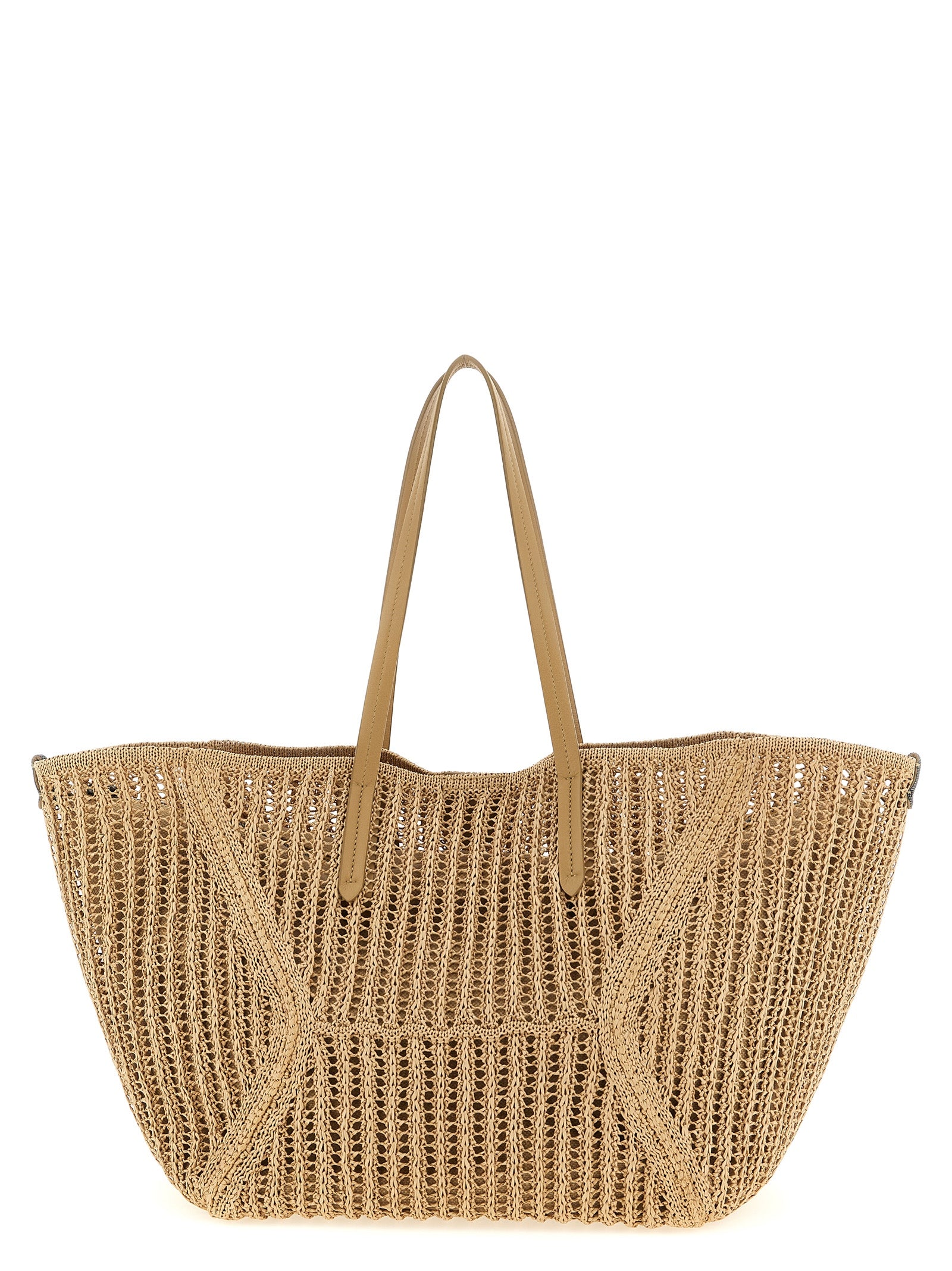 Brunello Cucinelli BC Duo Tote Bag in Rope beige techno raffia net with delicate rows of sparkling monili embroidery from The Exclusive Line Singapore.