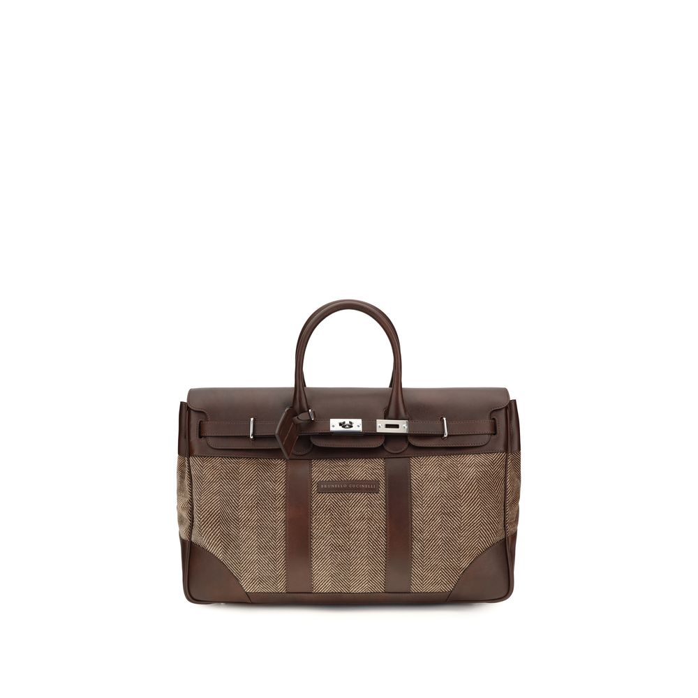 Brunello Cucinelli Country Bag in brown hand-brushed burnished calfskin leather and tailored chevron techno fabric from The Exclusive Line Singapore.