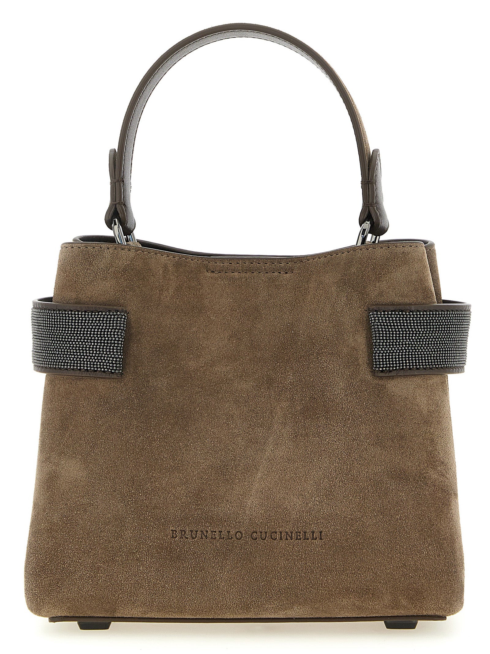 Brunello Cucinelli Essence Small Top-Handle Bag in brown velvety suede featuring adjustable side panels with sparkling monili embroidery from The Exclusive Line Singapore.