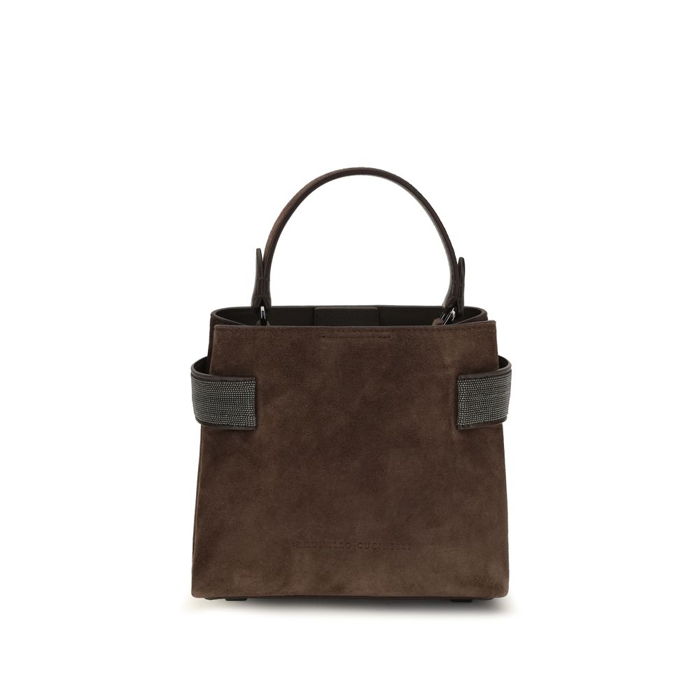 Brunello Cucinelli Essence small top-handle bag in pine cone brown suede with monili side bands.