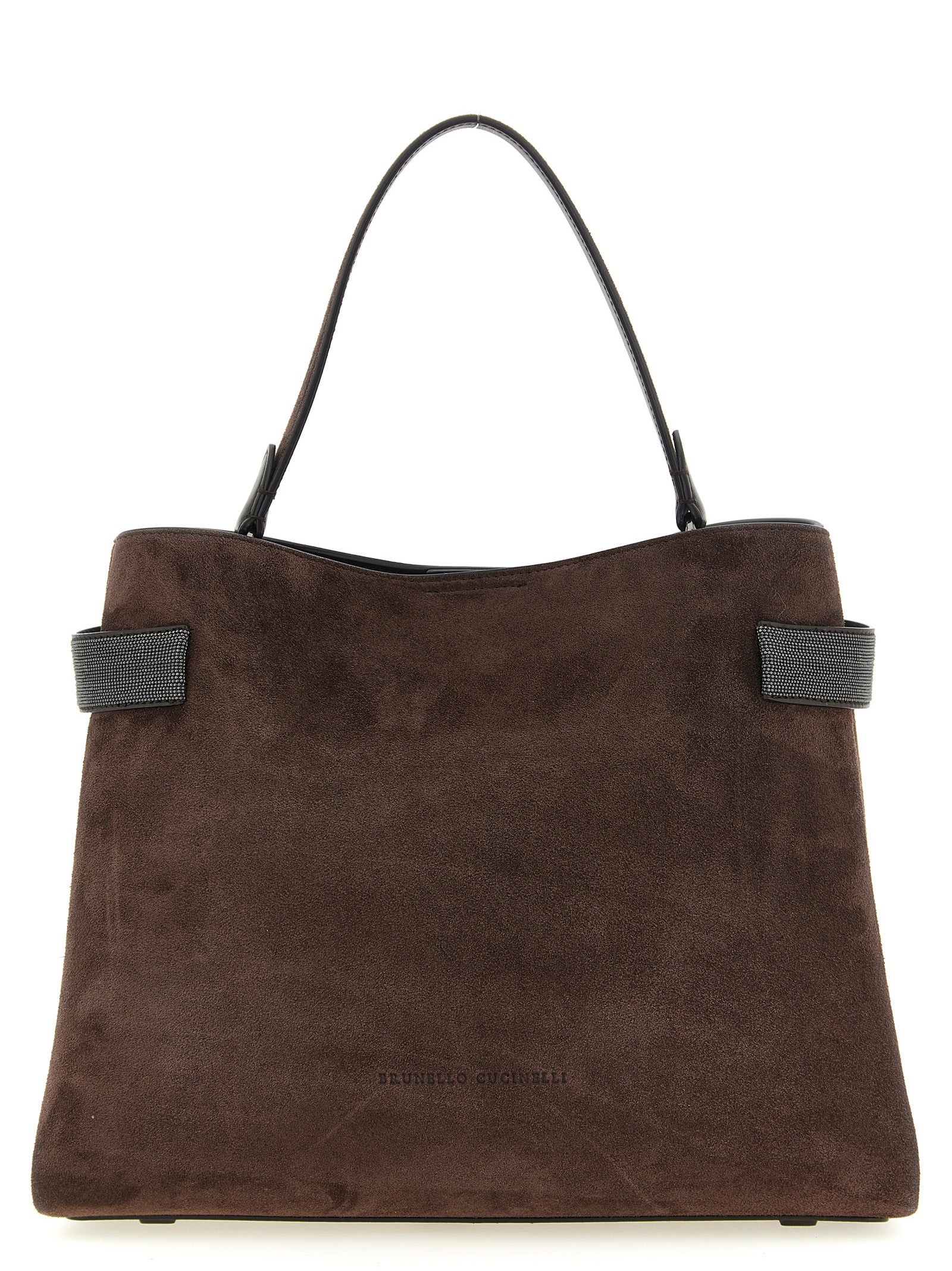 Brunello Cucinelli Essence Top-Handle Bag in brown velvety suede featuring structural side panels with shimmering monili embroidery from The Exclusive Line Singapore.