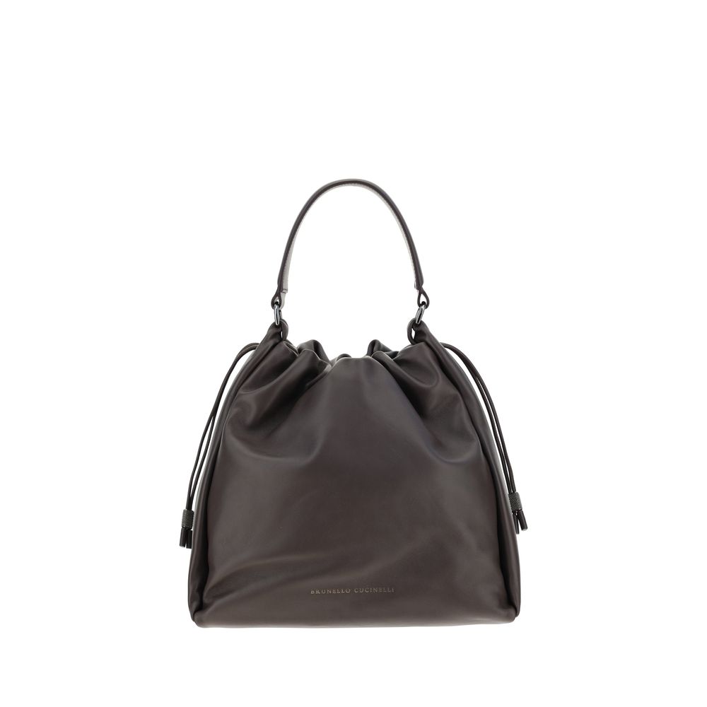 Brunello Cucinelli Mellow Bucket Bag in Brown soft leather with drawstring and monili - The Exclusive Line Singapore