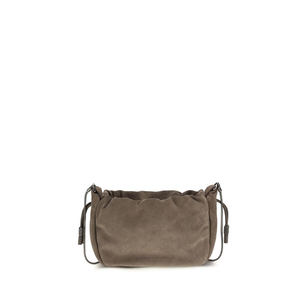 Brunello Cucinelli Mellow Mini Bucket Bag in light brown suede featuring a drawstring closure and a shimmering 4-row monili shoulder strap.