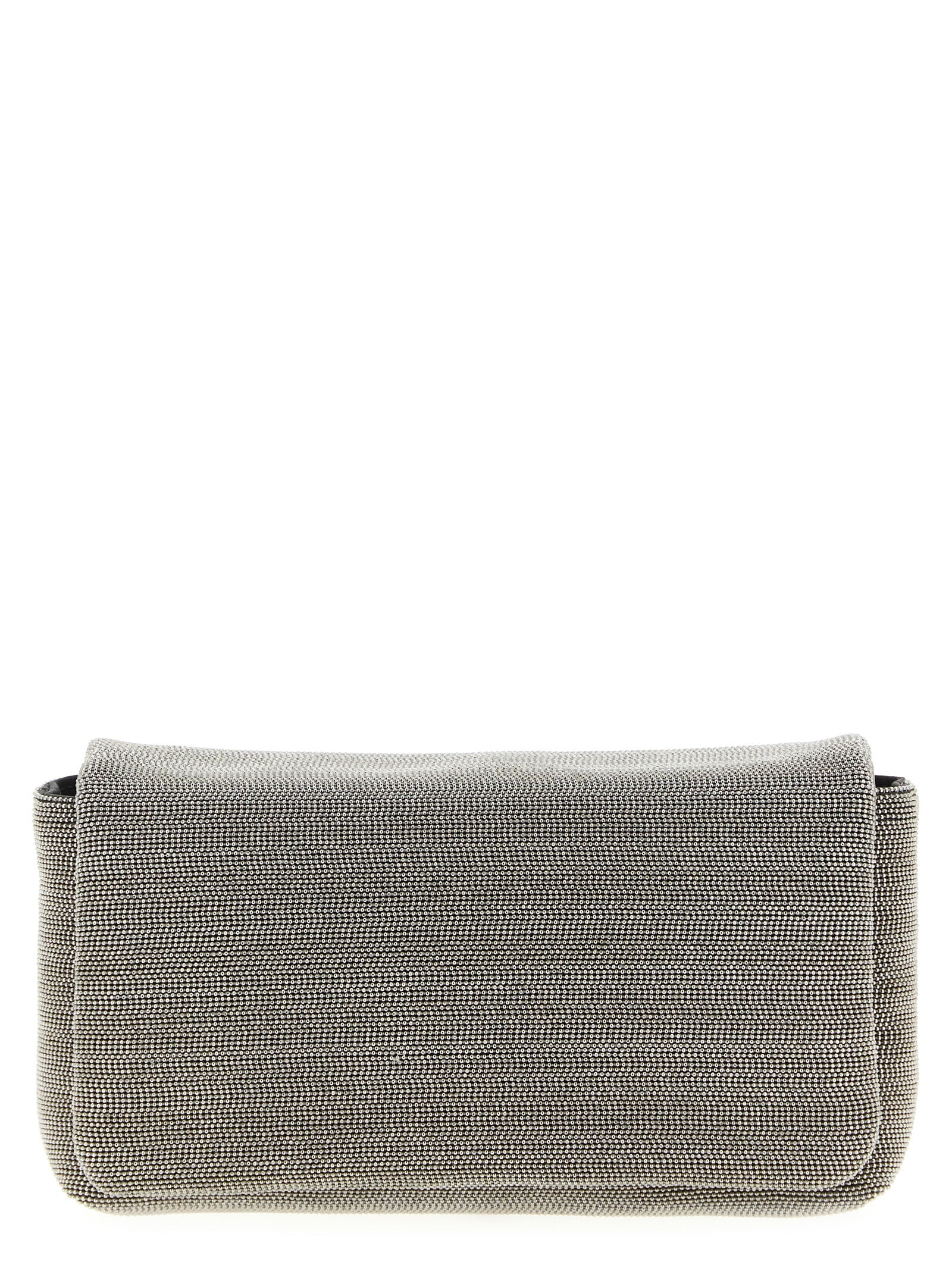 Brunello Cucinelli Precious Flap Shoulder Bag in Lignite Grey Mat calfskin leather with shimmering monili embroidery from The Exclusive Line Singapore.