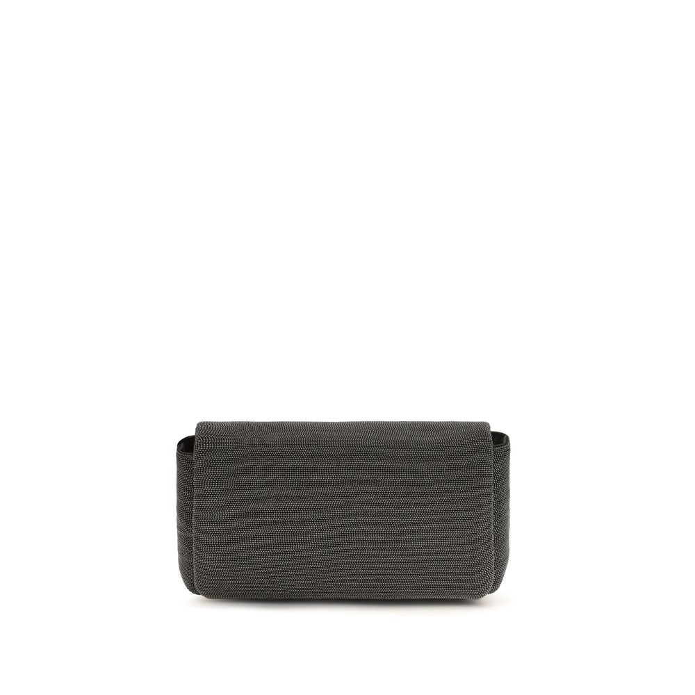 Brunello Cucinelli Precious Flap Shoulder Bag in black grained leather with shimmering monili embroidery and adjustable strap.