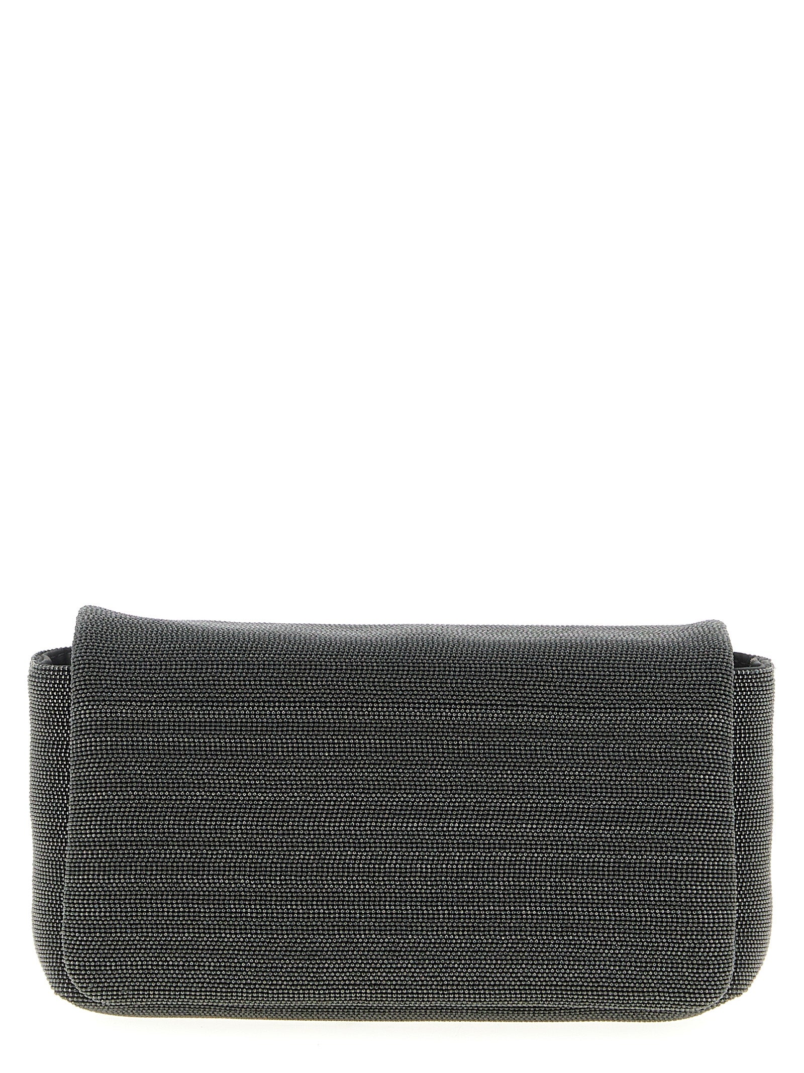 Brunello Cucinelli Precious Flap Shoulder Bag in black grained leather with shimmering monili embroidery and adjustable strap.