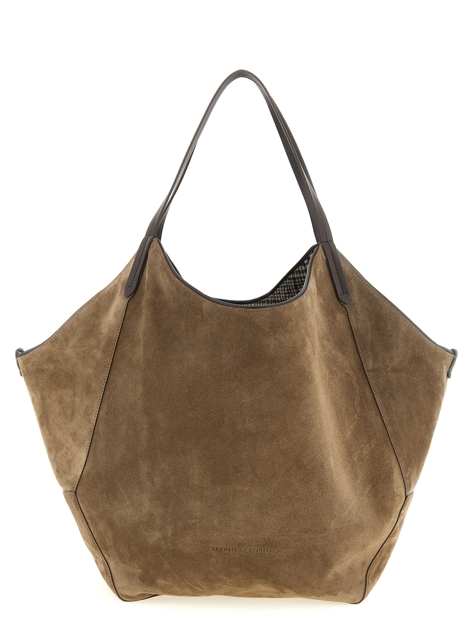 Brunello Cucinelli Reversible Duo Shopper bag in premium brown suede with delicate shimmering monili embroidery details from The Exclusive Line Singapore.