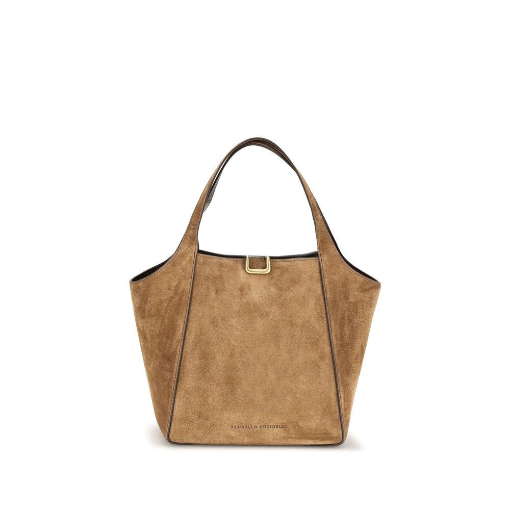Brunello Cucinelli Caramel Suede Sartorial Small Bucket Bag with double handles and buckle detail.
