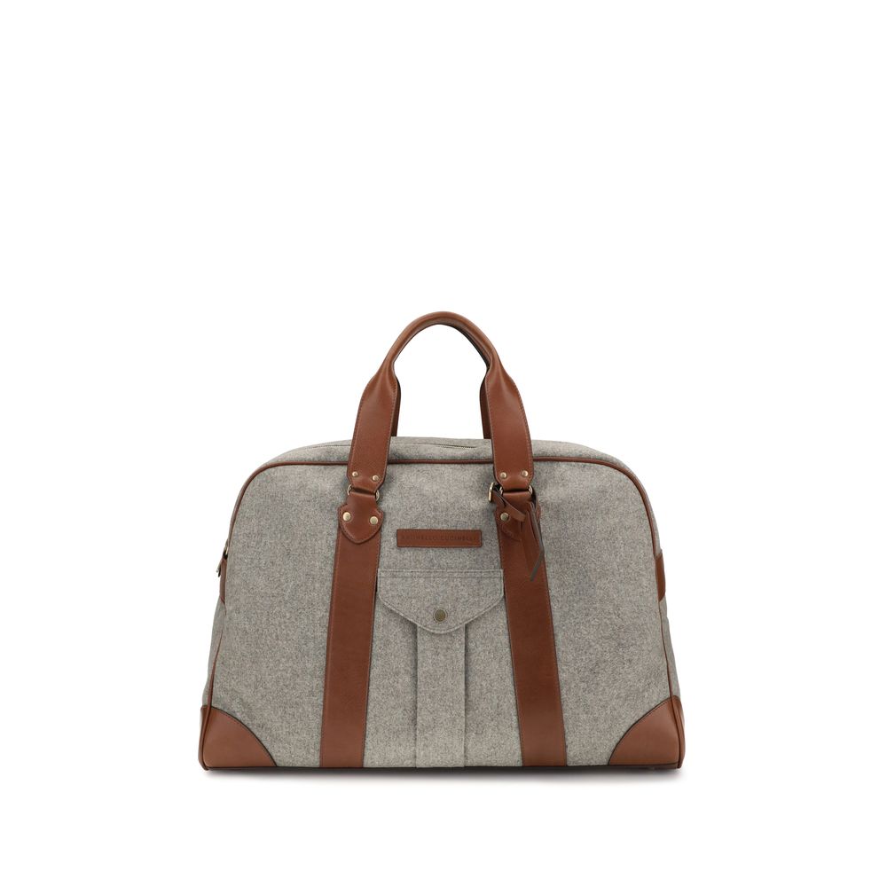 Brunello Cucinelli Street Bag in Medium Grey flannel wool-cashmere blend with grained calfskin leather double handles from The Exclusive Line Singapore.