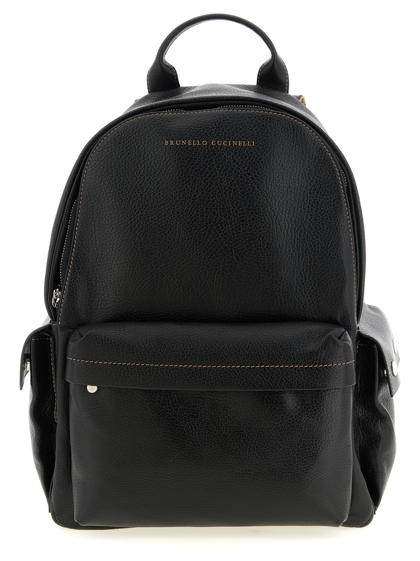 Brunello Cucinelli Travel Backpack in premium black grained calfskin leather featuring an irregular vintage finish and front zip pocket from The Exclusive Line Singapore.