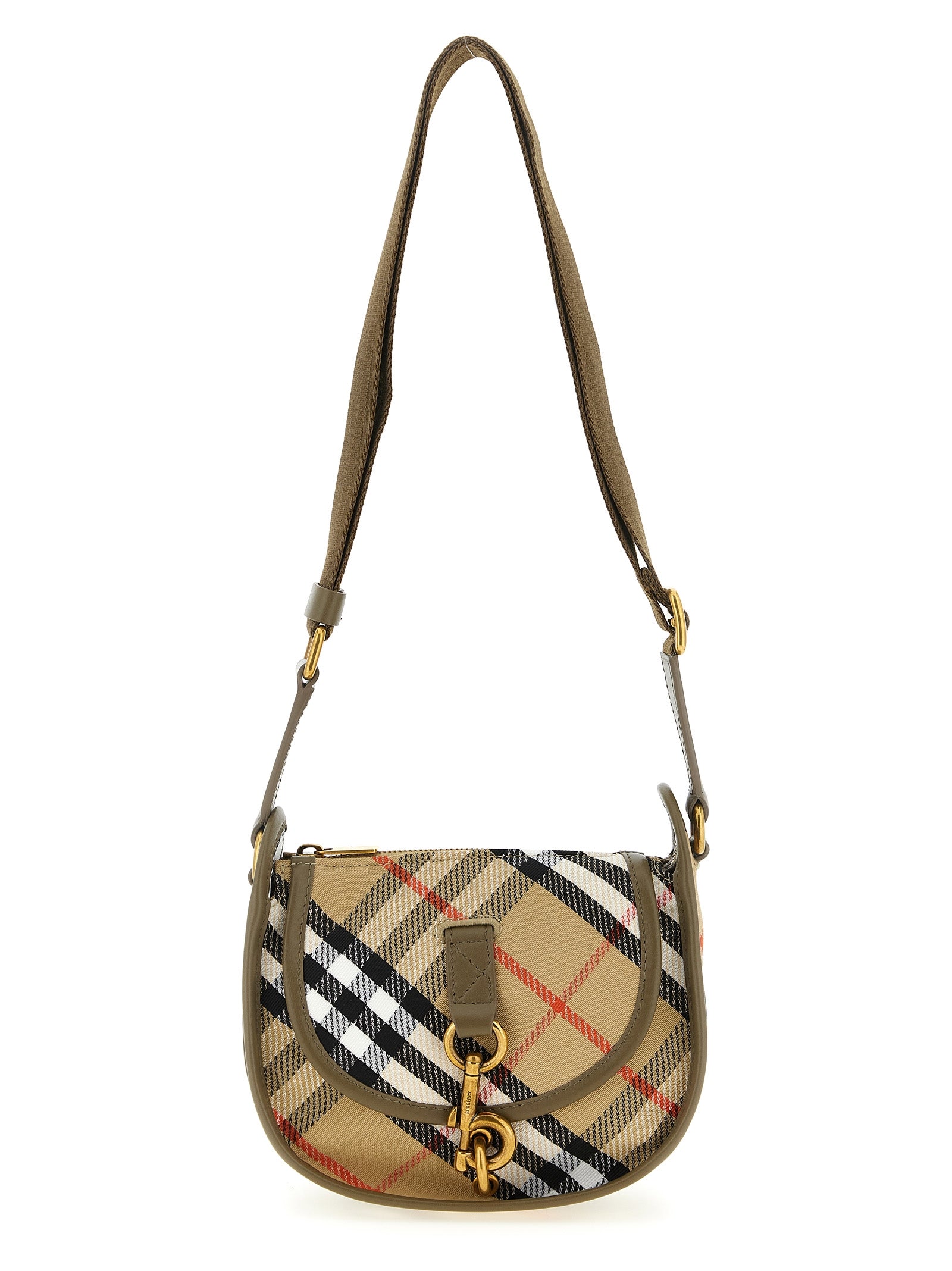 Burberry B Clip Mini Messenger Bag in Sand check pattern, featuring the logo-engraved ‘b’ dog clip on the front pocket, calf leather trim, and an adjustable webbing strap from The Exclusive Line Singapore.