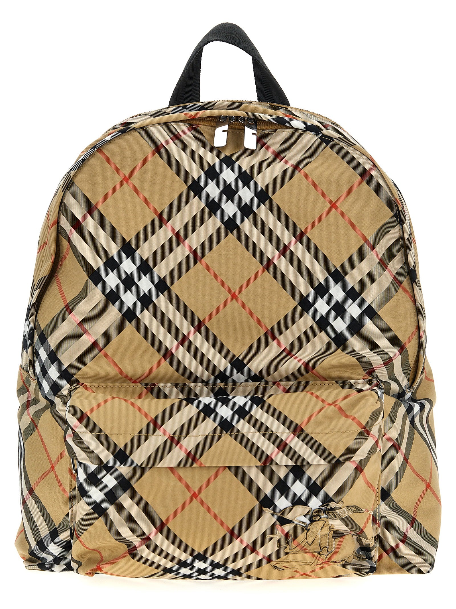Burberry Medium Check Backpack in sand beige with front zip pocket, B-cut zip pulls, and Equestrian Knight Design appliqué.