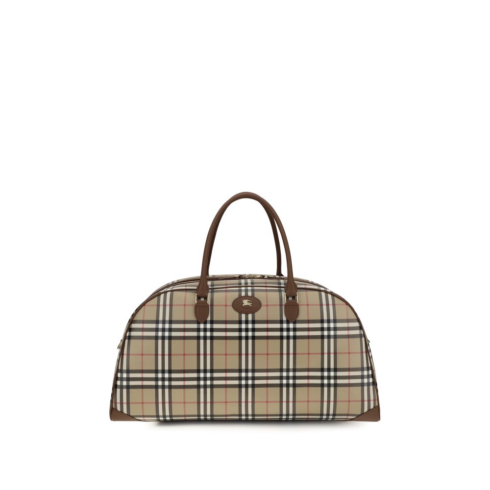 Burberry Check Holdall Bag in archive beige cotton canvas with calf leather trim and Knight stamp motif.