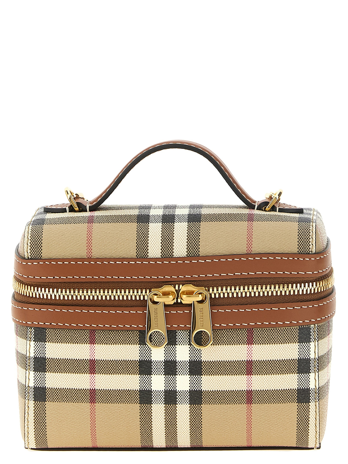 Burberry Check Vanity Mini Bag in archive beige featuring calf leather trim, top handle, and chain crossbody strap.