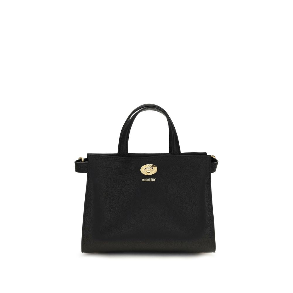 Burberry Cotswolds Mini Check Tote in black grainy calf leather with House Check side panels and top handles.
