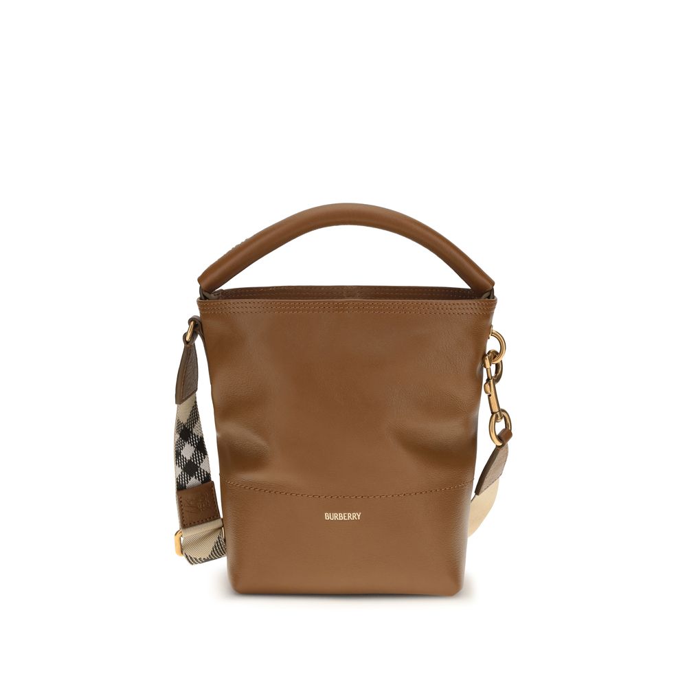 Burberry Mini B Clip Bucket Bag in Hazel Brown calf leather with adjustable Burberry Check strap and gold-tone B logo hardware.