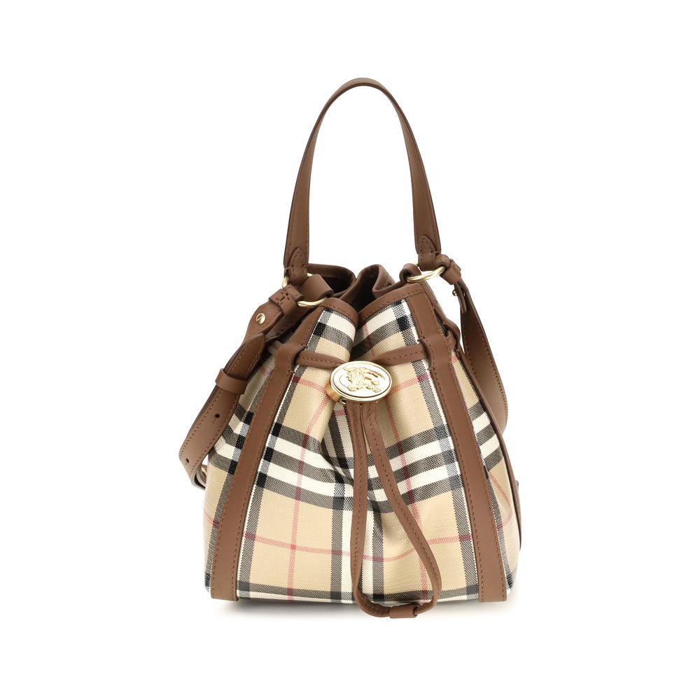 Burberry Mini Check Bucket Bag in archive beige coated cotton canvas with Knight stamp adjuster and top handle.