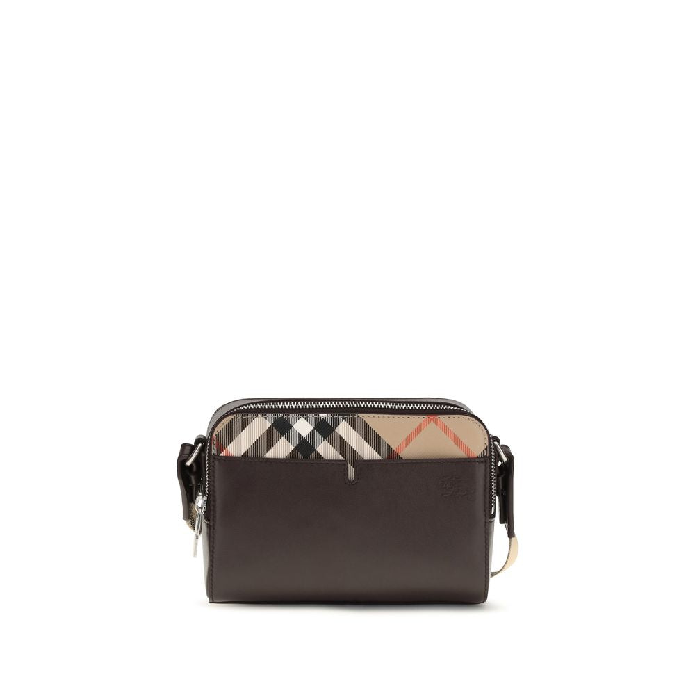 Burberry Pop Check Crossbody Bag in Peat Brown leather and Sand Beige check with adjustable strap and EKD logo.