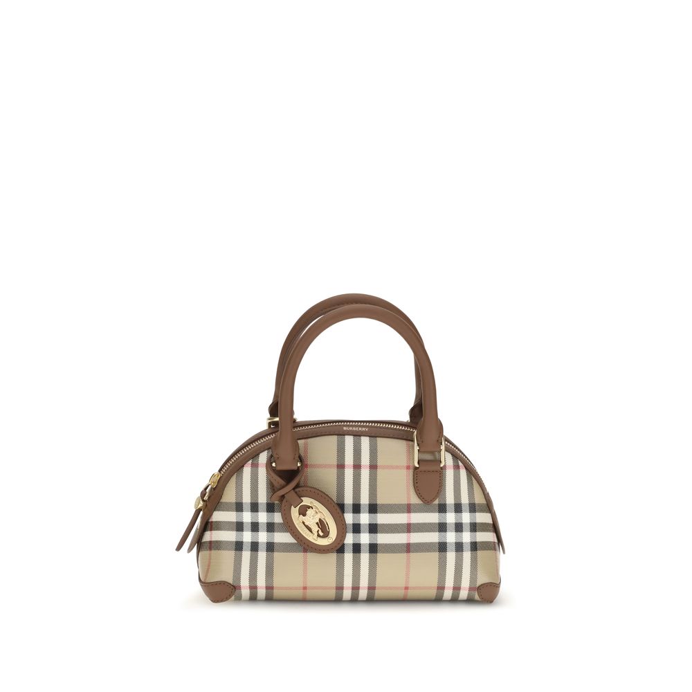 Burberry Primrose Mini Bag in archive beige check canvas with top handle and detachable Knight stamp charm.