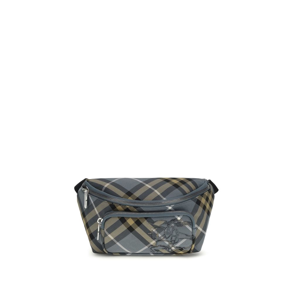 Burberry Small Check Belt Bag in Wave Blue featuring Equestrian Knight Design appliqué and adjustable crossbody strap.