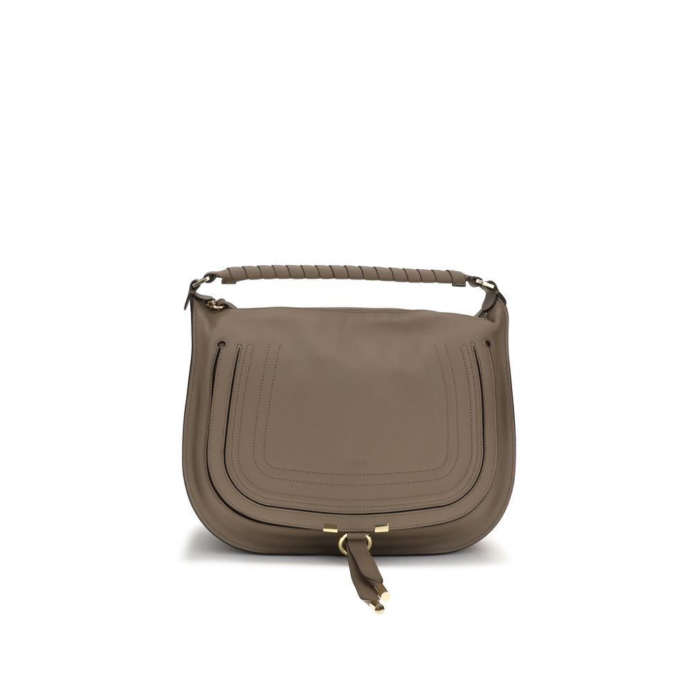 Chloé Marcie shoulder bag in deep taupe smooth calfskin leather featuring hand-wrapped handle and gold-tone hardware from The Exclusive Line Singapore.