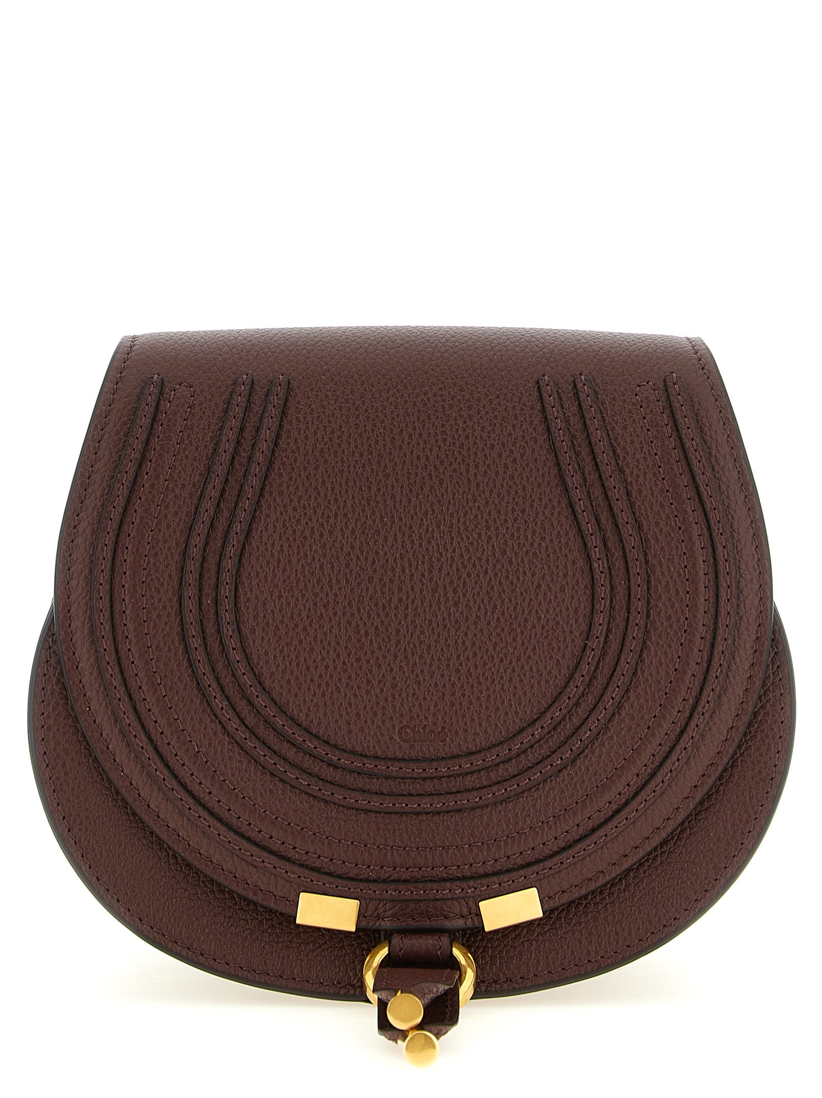 Chloé Marcie Small Saddle Bag in Crafty Brown grained leather with antique gold hardware front view.