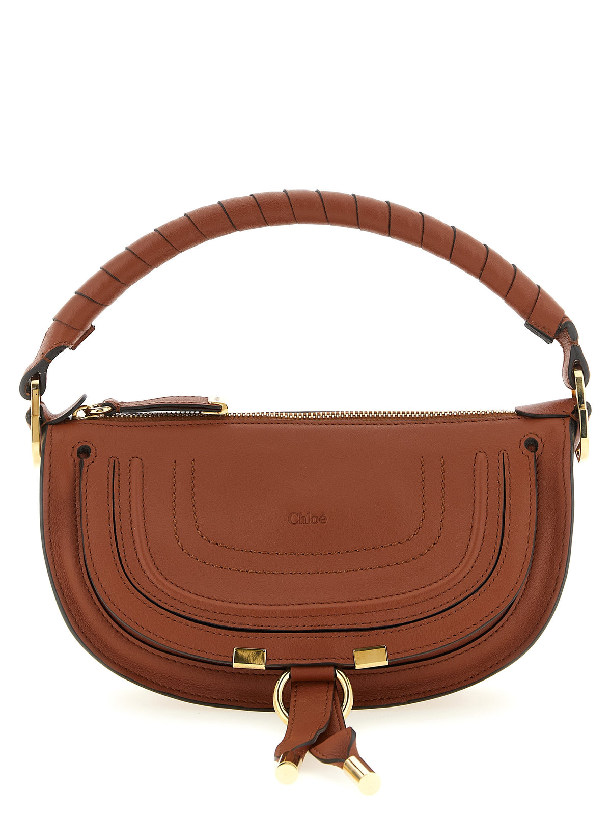 Chloé Mini Marcie Shoulder Bag in Clay Brown smooth calfskin with wrapped handle and leather tassels.
