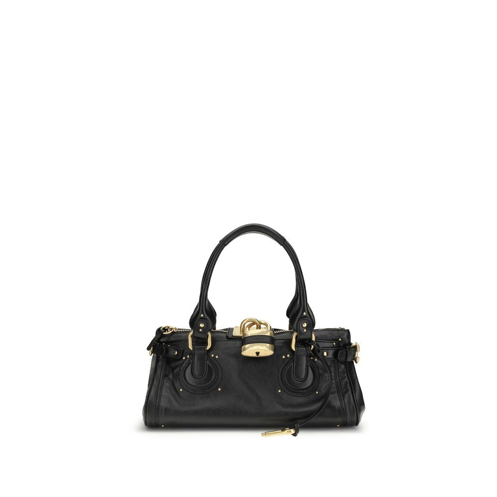 Chloé Paddington Bag in Black grained buffalo leather featuring the iconic oversized padlock.