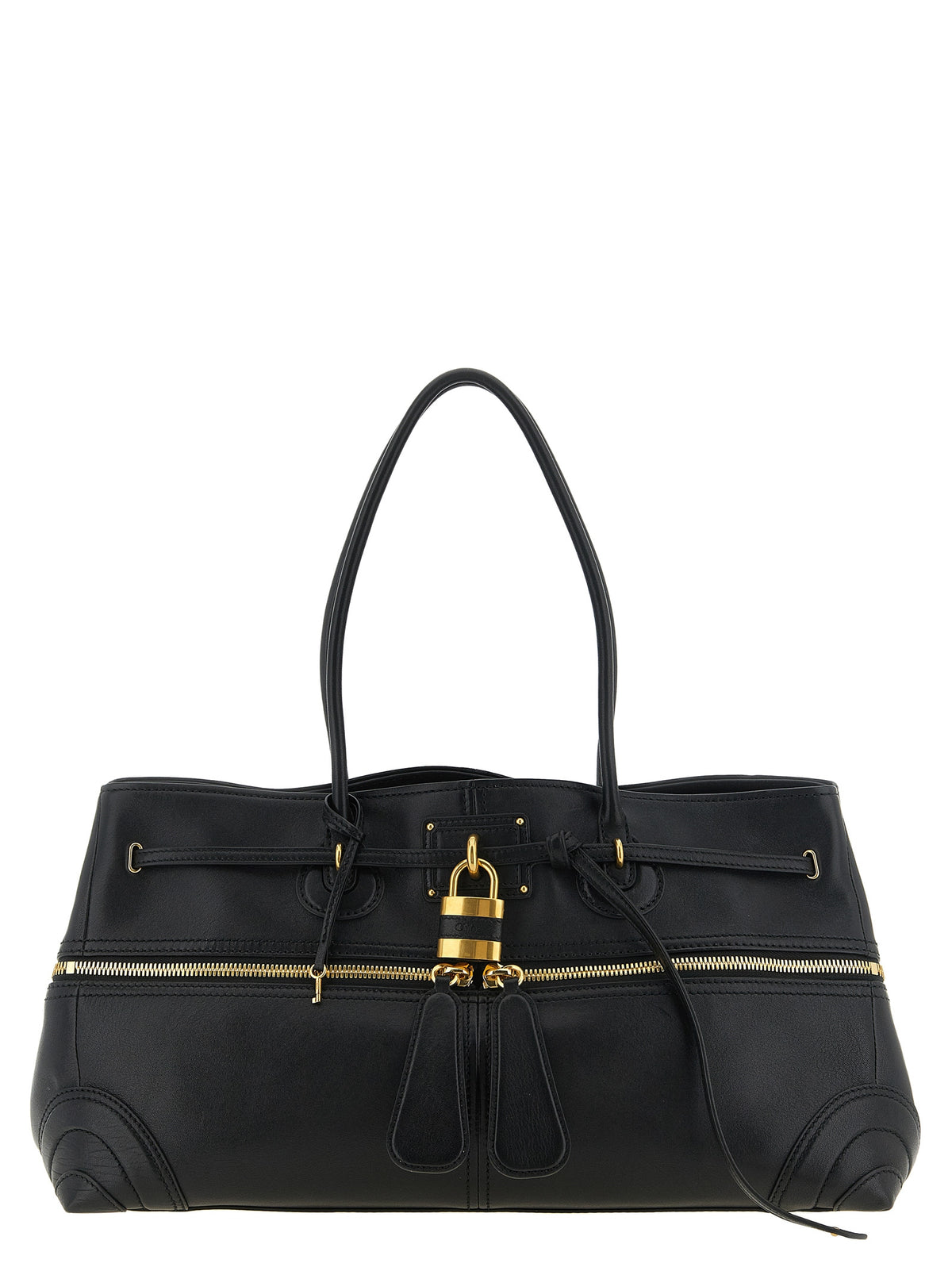 Chloé Paddington Sling Large East-West Bag in Black lambskin leather with oversized padlock and gold-tone hardware.