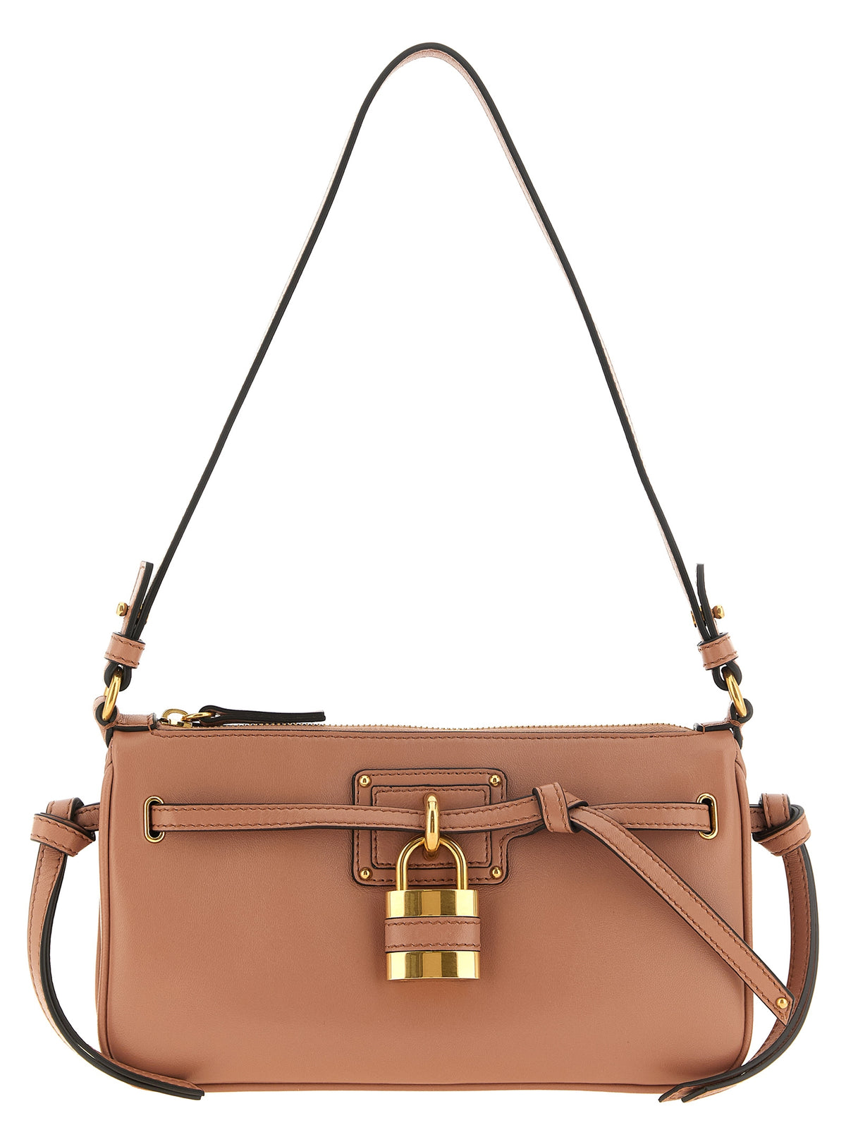 Chloé Paddington Sling mini pouch in tawny brown smooth leather with signature oversized padlock and shoulder strap.